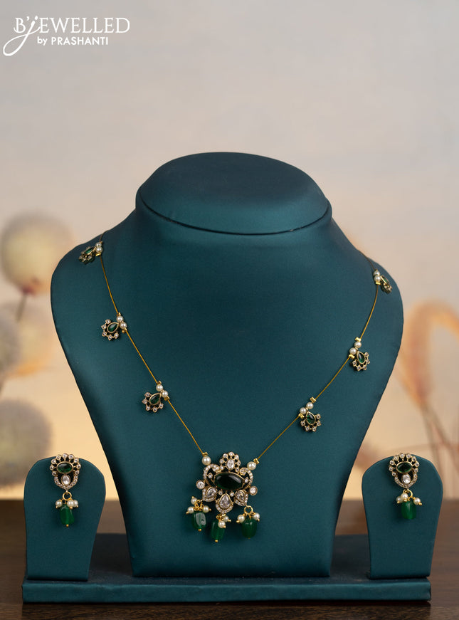 Invisible chain with emerald & cz stones and pearl & beads hangings