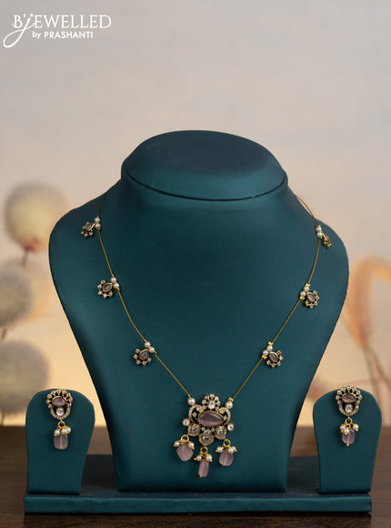 Invisible chain with baby pink & cz stones and pearl & beads hangings
