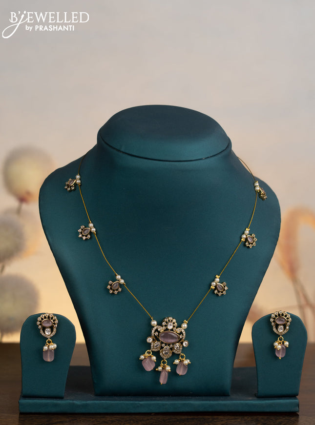 Invisible chain with baby pink & cz stones and pearl & beads hangings