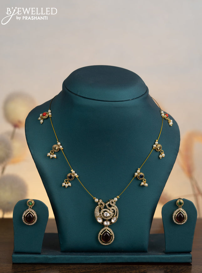 Invisible chain peacock design with multicolour & kundan cz stones and pearl & beads hangings