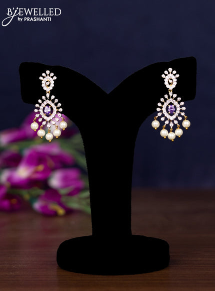 Zircon necklace with violet & cz stones and pearl hangings in gold finish