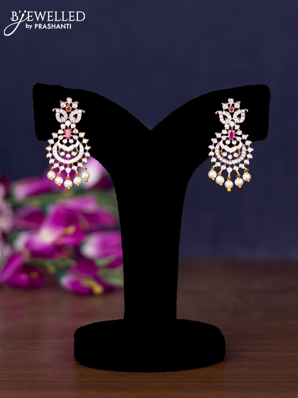 Zircon necklace with ruby & cz stones and pearl hangings in gold finish