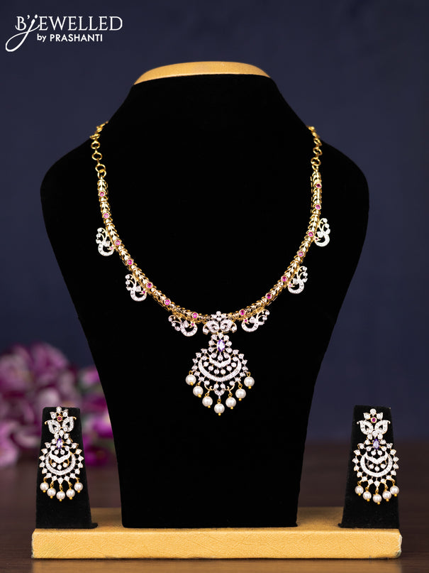 Zircon necklace with multicolour & cz stones and pearl hangings in gold finish