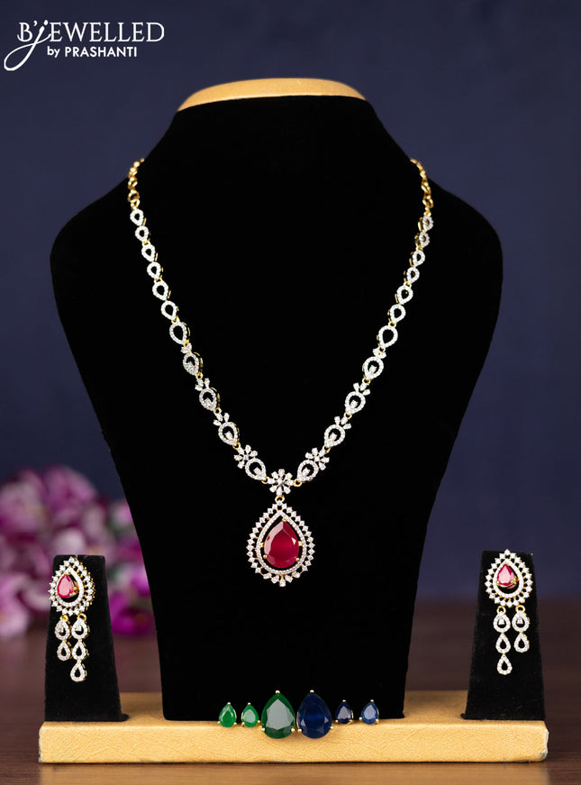 Zircon necklace with ruby and cz stones in gold finish