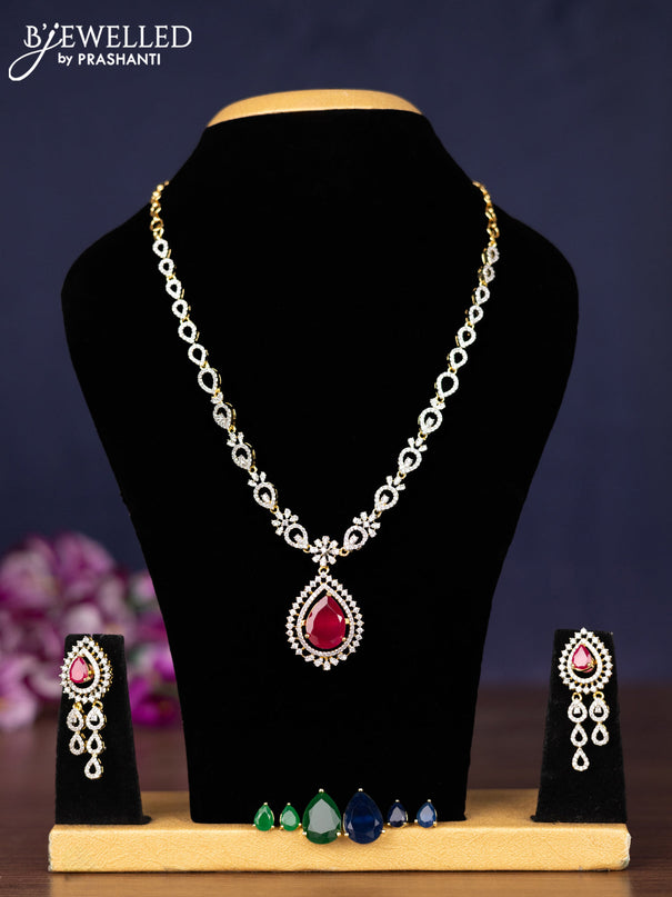 Zircon necklace with ruby and cz stones in gold finish