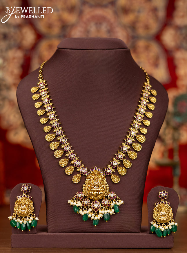 Antique necklace lakshmi design with kemp & cz stones and pearl & green beads hangings