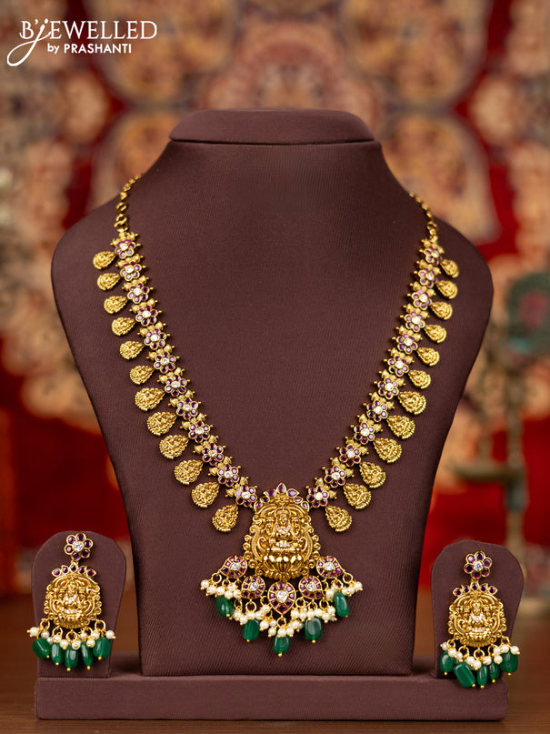 Antique necklace lakshmi design with kemp & cz stones and pearl & green beads hangings