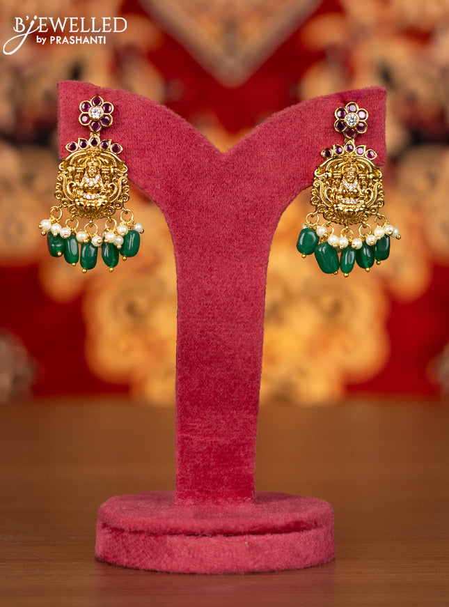 Antique necklace lakshmi design with kemp & cz stones and pearl & green beads hangings
