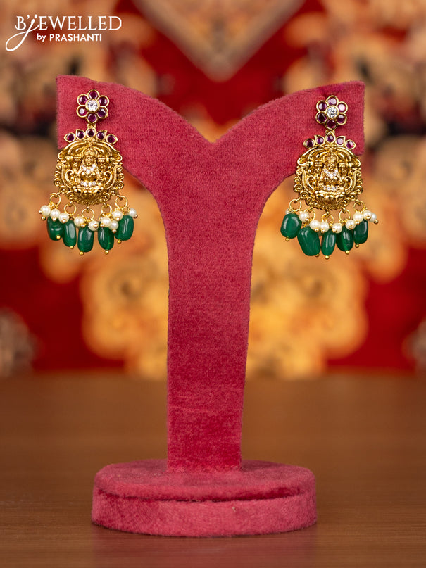 Antique necklace lakshmi design with kemp & cz stones and pearl & green beads hangings