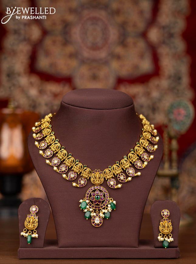 Antique necklace lakshmi & manga pattern design with kemp & cz stones and pearl & green beads hangings