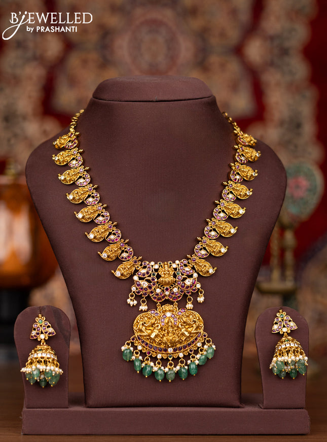 Antique necklace lakshmi & peacock design with kemp & cz stones and pearl & green beads hangings