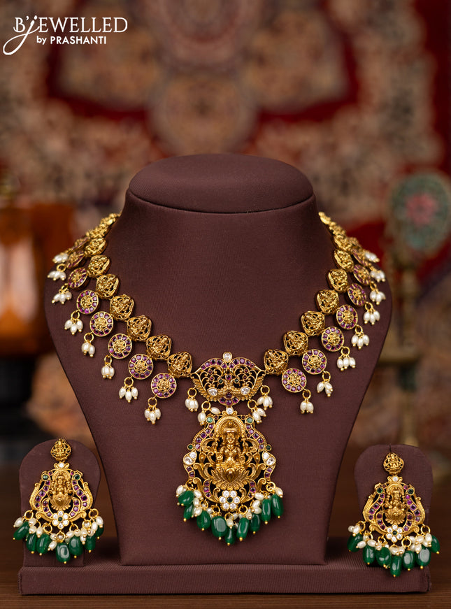 Antique necklace lakshmi design with kemp & cz stones and pearl & green beads hangings