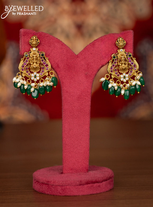 Antique necklace lakshmi design with kemp & cz stones and pearl & green beads hangings