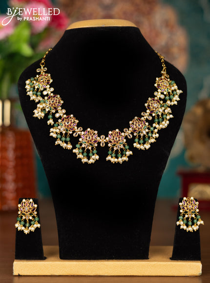 Antique guttapusalu necklace floral design with kemp & cz stones and pearl hangings