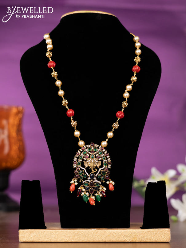 Beaded pavalam necklace ganesha pendant with multicolour & cz stones and pearl & beads hangings in victorian finish without earrings