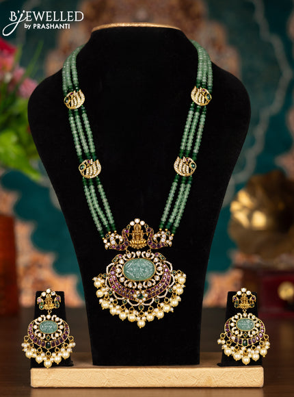 Beaded triple layer mint green necklace lakshmi pendant with kemp & cz stone and pearl hangings