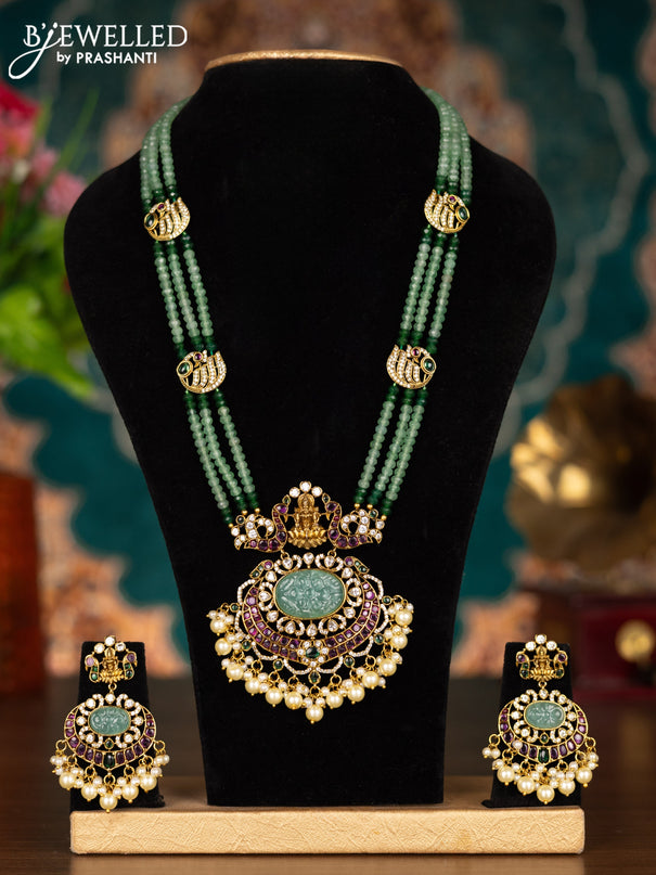 Beaded triple layer mint green necklace lakshmi pendant with kemp & cz stone and pearl hangings