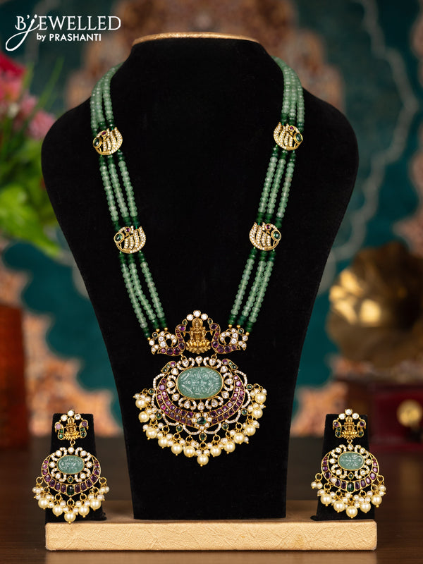 Beaded triple layer mint green necklace lakshmi pendant with kemp & cz stone and pearl hangings