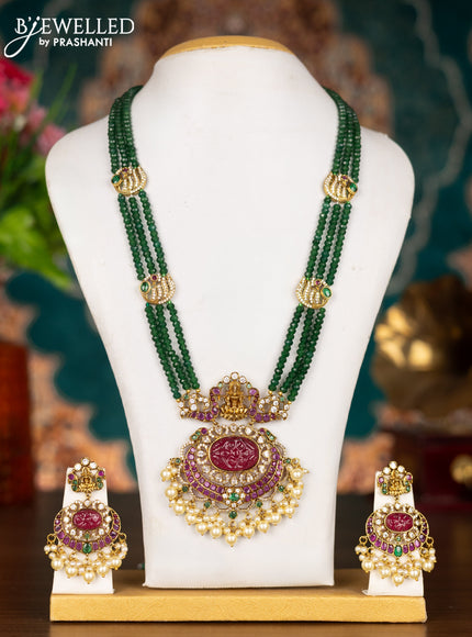 Beaded triple layer green necklace lakshmi pendant with kemp & cz stone and pearl hangings