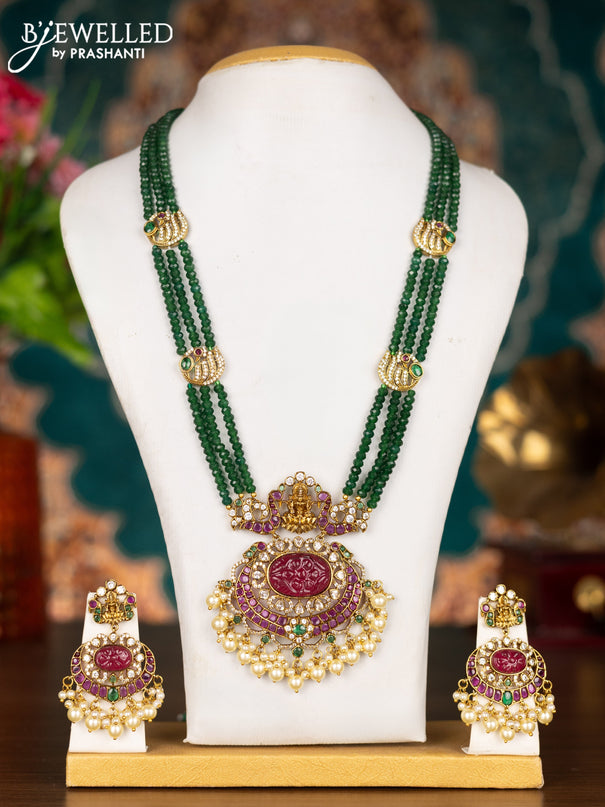 Beaded triple layer green necklace lakshmi pendant with kemp & cz stone and pearl hangings