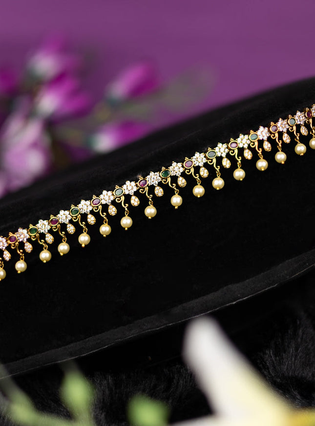 Antique hip chain floral design with kemp & cz stones and pearl hanging