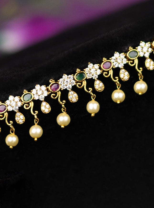 Antique hip chain floral design with kemp & cz stones and pearl hanging