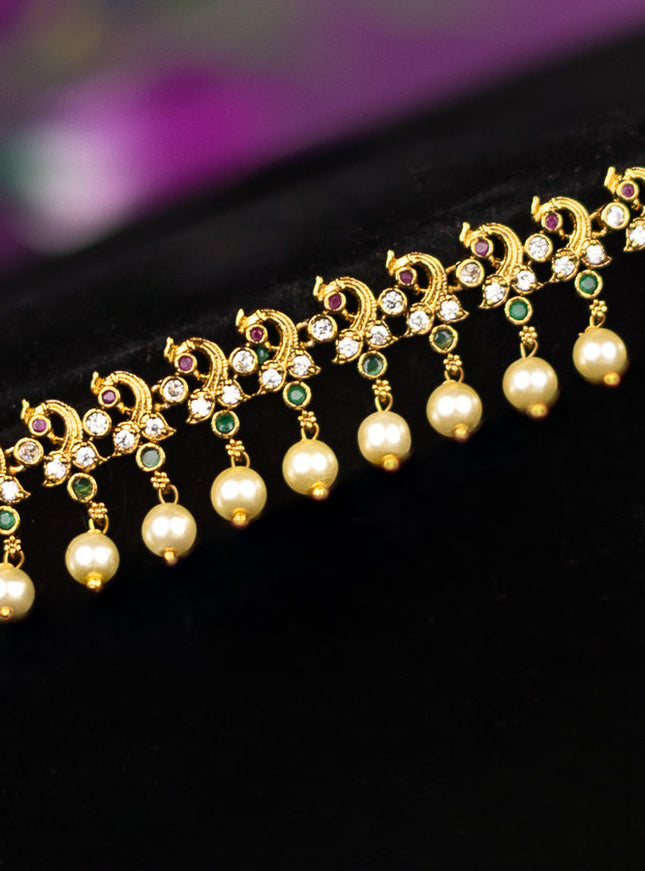 Antique hip chain peacock design with kemp & cz stones and pearl hanging
