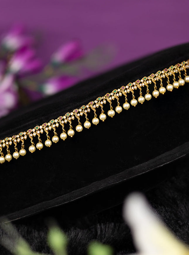 Antique hip chain simple design with kemp & cz stones and pearl hanging