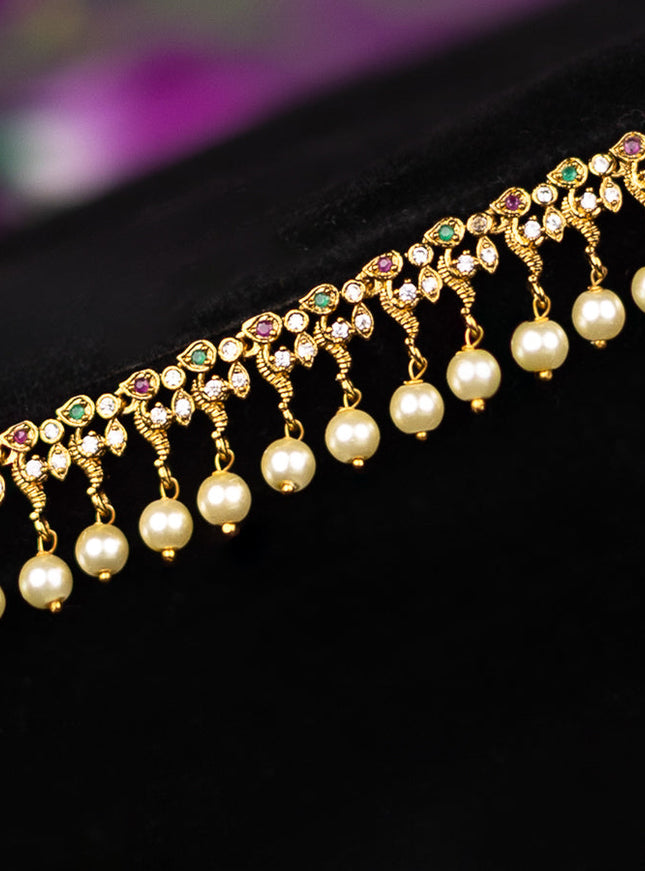 Antique hip chain simple design with kemp & cz stones and pearl hanging