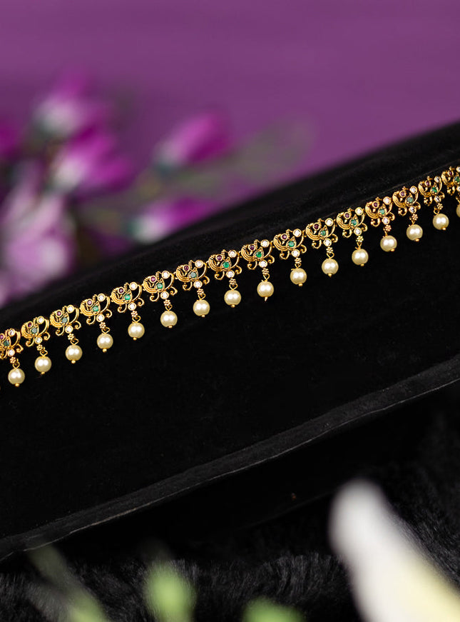 Antique hip chain peacock design with kemp & cz stones and pearl hanging