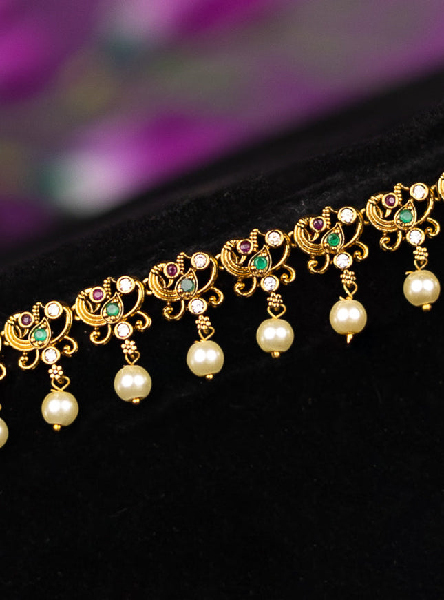 Antique hip chain peacock design with kemp & cz stones and pearl hanging