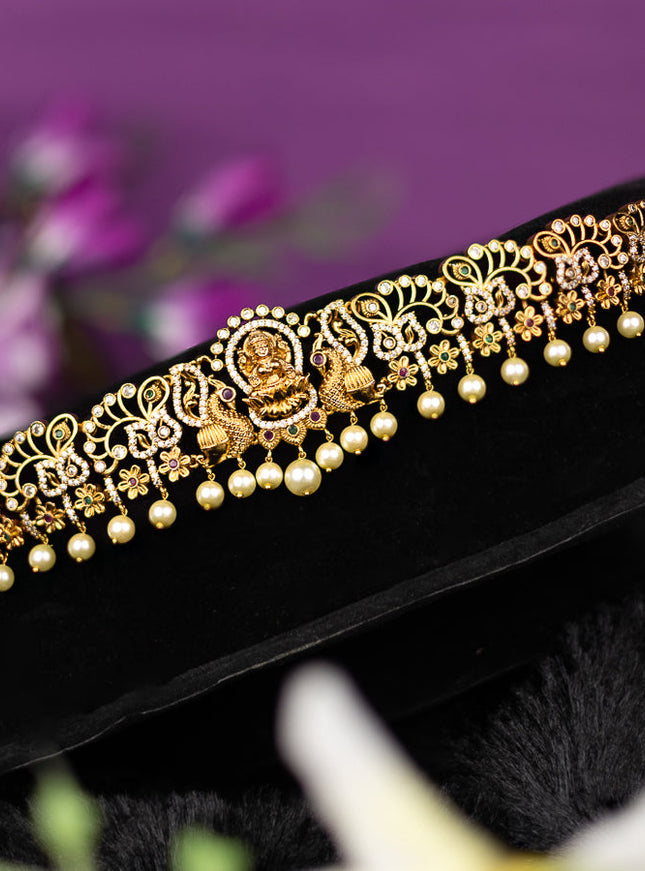 Antique hip belt lakshmi design with kemp & cz stones and pearl hangings