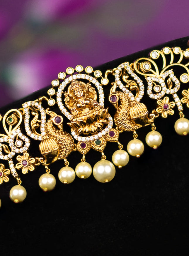 Antique hip belt lakshmi design with kemp & cz stones and pearl hangings