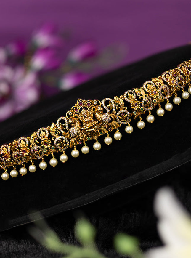 Antique hip belt lakshmi design with kemp & cz stones and pearl hangings
