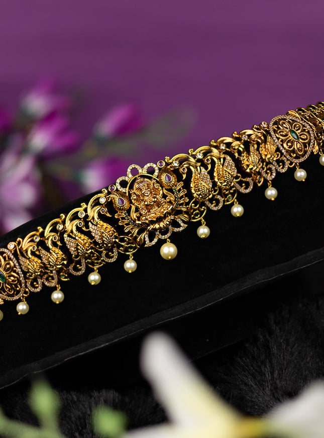 Antique hip belt lakshmi & peacock design with kemp and cz stones and pearl hangings