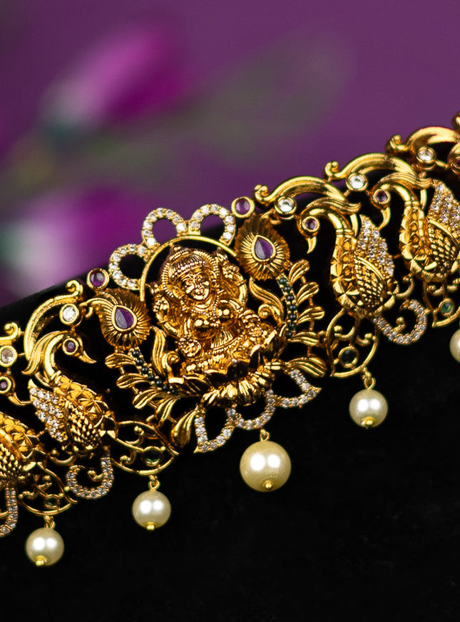 Antique hip belt lakshmi & peacock design with kemp and cz stones and pearl hangings