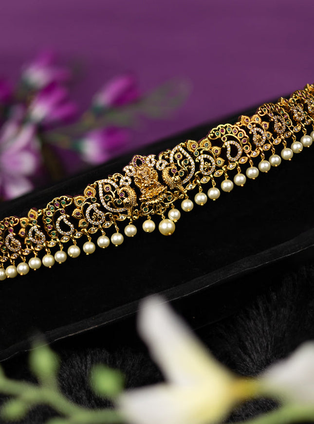 Antique hip belt lakshmi design with kemp & cz stones and pearl hangings
