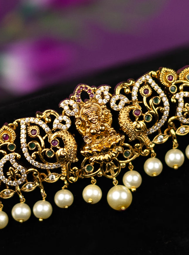 Antique hip belt lakshmi design with kemp & cz stones and pearl hangings