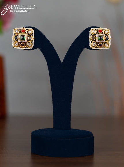 Antique screw type earrings with multicolour & cz stones and pearls