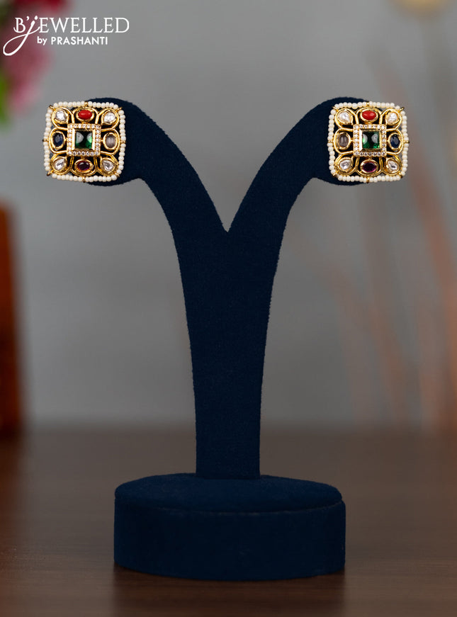 Antique screw type earrings with multicolour & cz stones and pearls
