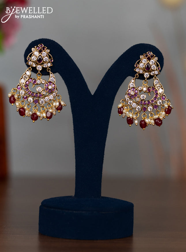 Antique earrings peacock design with ruby & cz stones and pearl & pink beads hangings