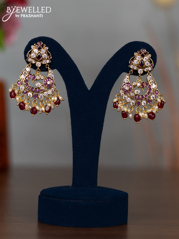 Antique earrings peacock design with ruby & cz stones and pearl & pink beads hangings