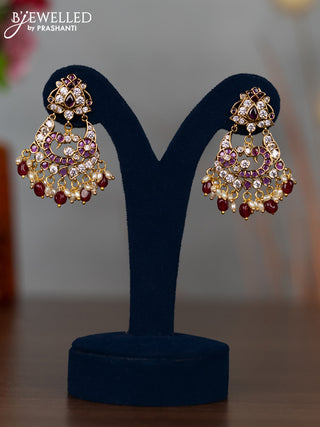 Antique earrings peacock design with ruby & cz stones and pearl & pink beads hangings