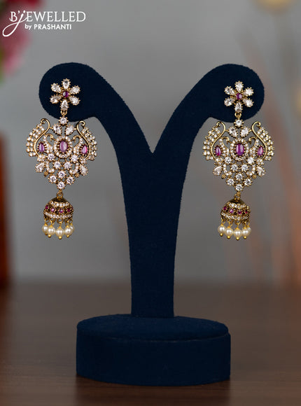 Antique earrings with ruby & kundan cz stones and pearl hangings