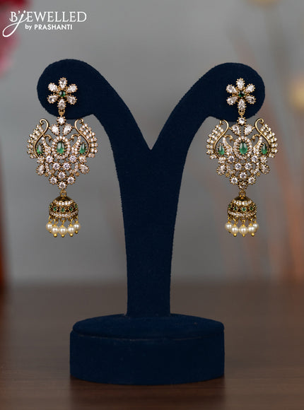 Antique earrings with emerald & kundan cz stones and pearl hangings