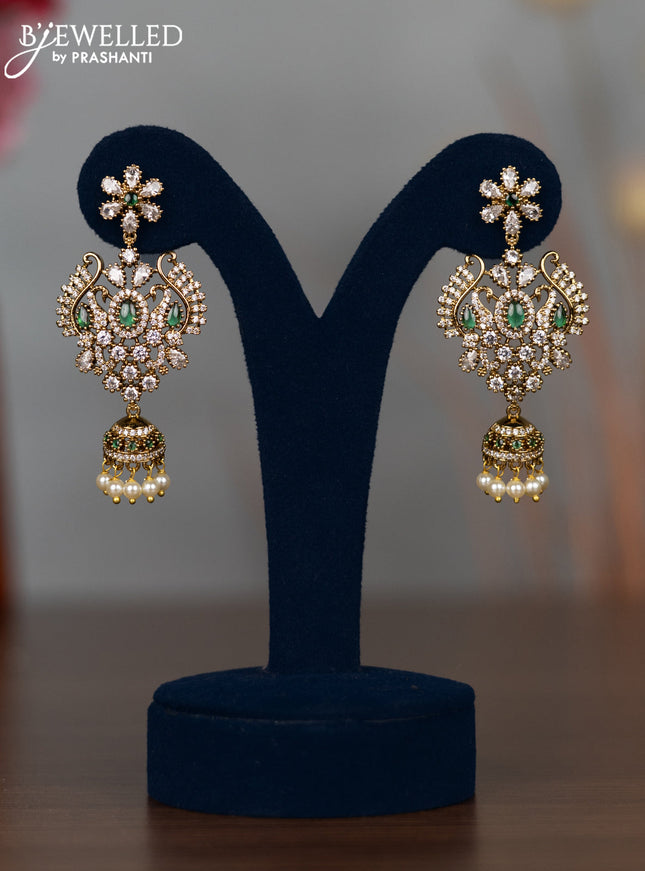 Antique earrings with emerald & kundan cz stones and pearl hangings