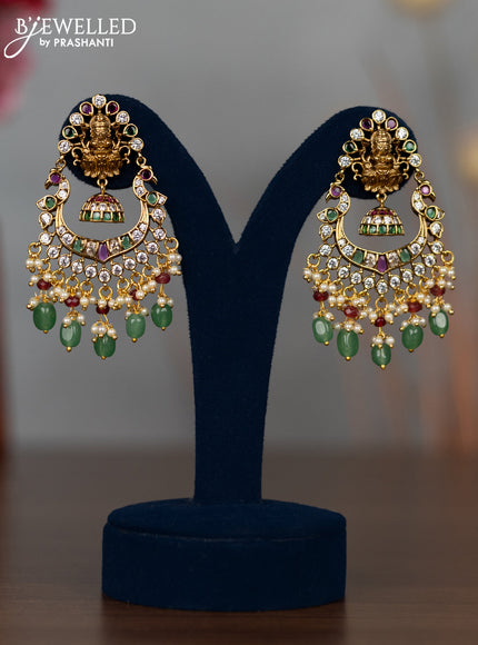 Antique earrings lakshmi design with kemp & cz stones and pearl & green beads hangings