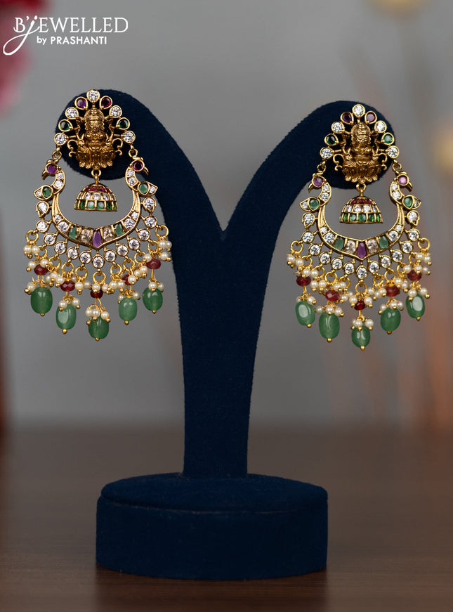 Antique earrings lakshmi design with kemp & cz stones and pearl & green beads hangings