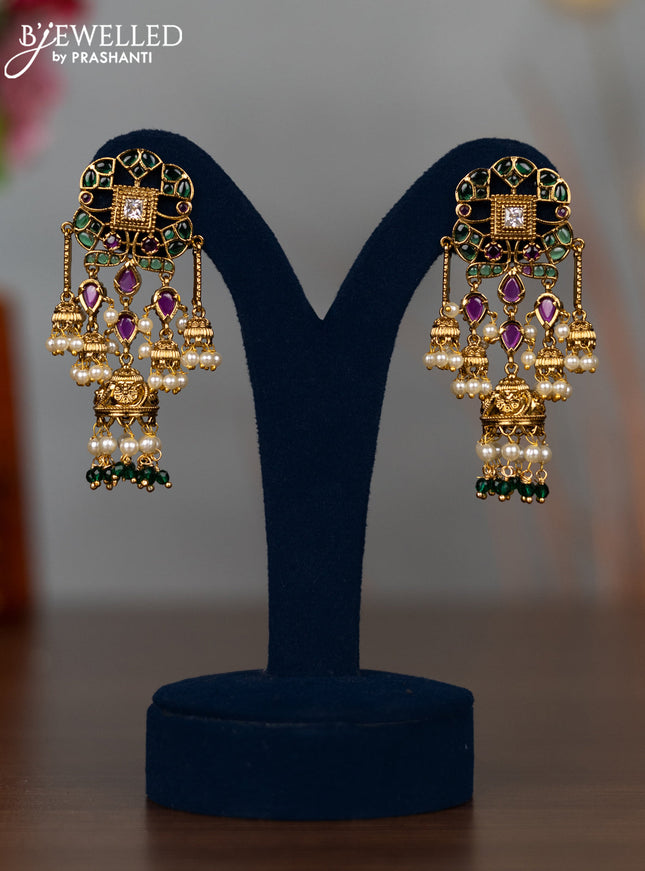 Antique earrings with kemp & cz stones and pearl & green beads hangings