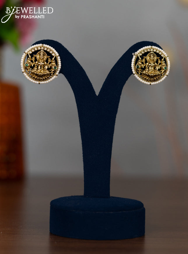 Antique earrings lakshmi design with emerald & cz stones and pearls